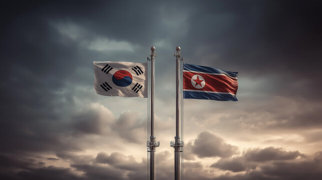 Political tensions between north and south korea dmz flags overcast sky dramatic perspective national identity