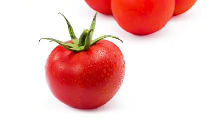 Fresh Red Tomato with Water Droplets on White Background