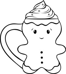 funny Christmas mug in the shape of a gingerbread man, cocoa with cream, cozy Christmas drink, simple vector black and white icon, doodle and sketch style