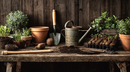 Lush Spring Gardening Scene with Tools, Seedlings, and Fresh Potted Plants on Rustic Potting Bench Decorated with Natural Elements