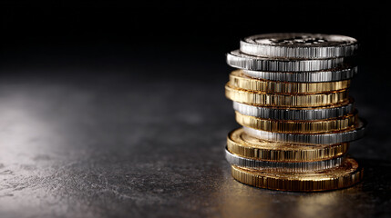 Stack of Generic Cryptocurrency Coins in Metallic Colors on Dark Background with Cool Lighting Effects