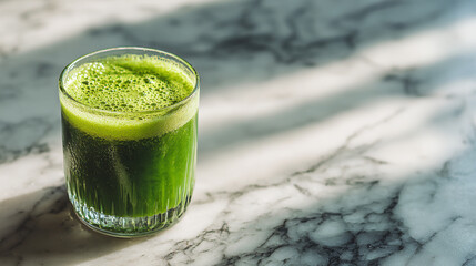 Fresh Green Juice in Glass with Condensation on Marble Surface Illuminated by Natural Light