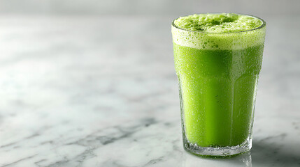 Refreshing Glass of Green Juice with Condensation on Marble Surface for Healthy Lifestyle and Beverage Inspiration