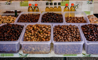 Assorted Olives in Bowls at Market Stall, Medium View