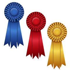 Set of blue, red, and gold rosettes