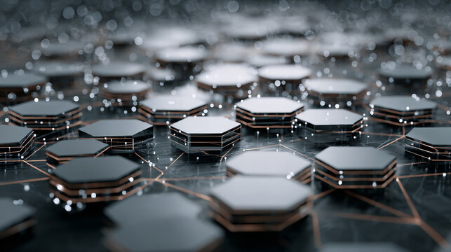 Abstract representation of hyperscale technology featuring a bay of levitating hexagons, emphasizing microservices architecture and modern connectivity.