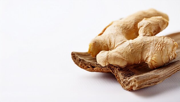 piece of dried ginger root on white background copy space
