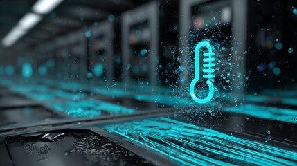 Coolant Flow Visualization with Thermometer Icon Over Liquid Lines in Data Center Racks Under Neon Light Effects