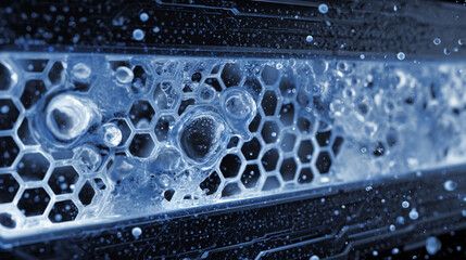Abstract Visual of Liquid Droplets Cooling Above a Honeycomb Lattice with a Mystical Blue Glow in a Water Environment