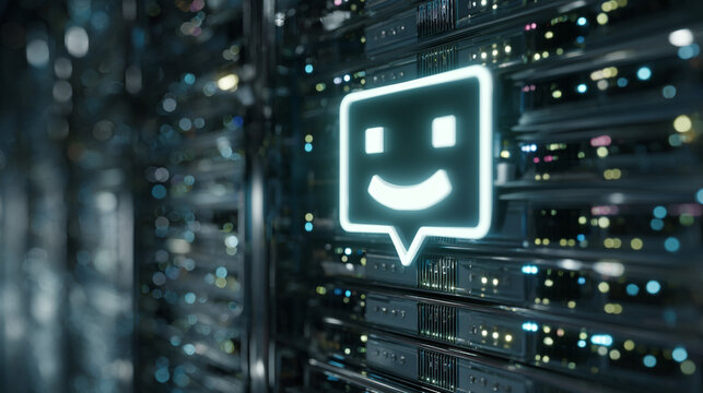 Close-Up View of a Glowing Chatbot Icon on a Data Rack Surrounded by Server Technology Highlighting Digital Communication and AI Innovations