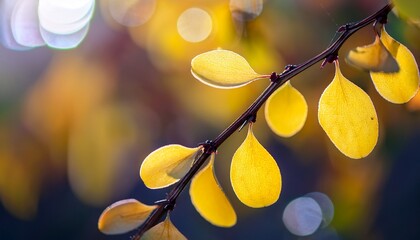 thunberg s barberry has yellow leaves and thorny twigs on a blurred background