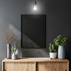 Modern Interior with Blank Frame Plants and Wooden Cabinet Mockup