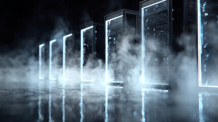 Low Angle View of Liquid Cooled Servers with Fog and Ambient Light in a Data Center Environment