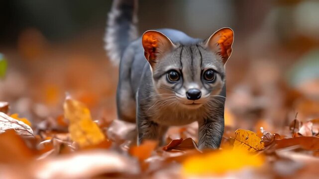Kodkod Cat Walking Through Autumn Leaves in South American Forest.
