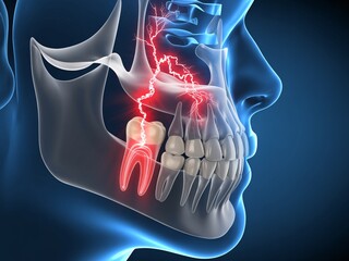 Experience sharp toothache pain with severe nerve inflammation and throbbing discomfort visualized in a detailed dental anatomy diagram
