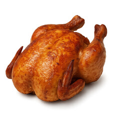 Whole roasted chicken with golden crispy skin, trussed
