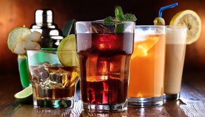assorted beverages including cocktails coffee and soft drinks