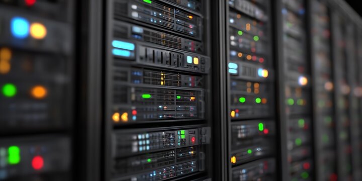 A row of computer servers with green lights on them