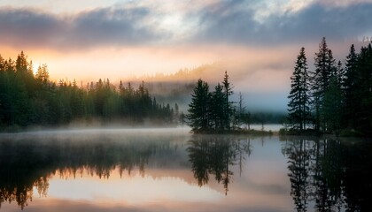 Fototapeta premium quiet foggy lake at dawn surrounded by dark pine forests with soft muted colors and calm reflective water under cloudy sky