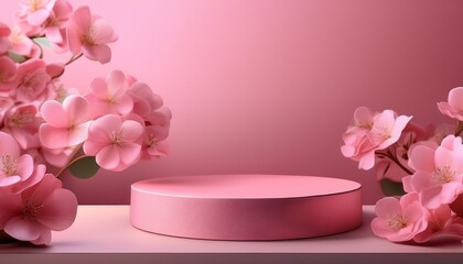 pink floral podium with abstract background