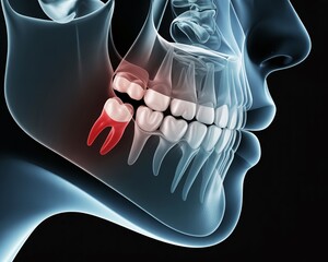 Discover the painful reality of impacted wisdom teeth with this detailed dental anatomy X-ray visualization, highlighting discomfort and seeking relief