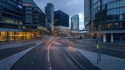 Modern architecture empty curved roads office buildings dusk