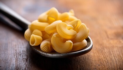 close up of uncooked pasta on a spoon resting on a rustic wooden table