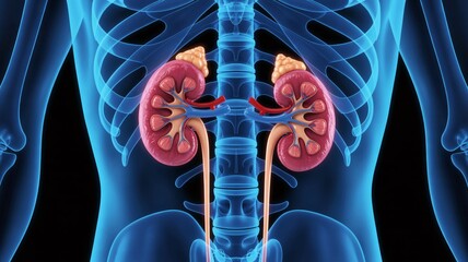 Stunning 3D render showcases human kidneys with adrenal glands and vascular system, highlighting internal anatomy for medical education and scientific exploration.