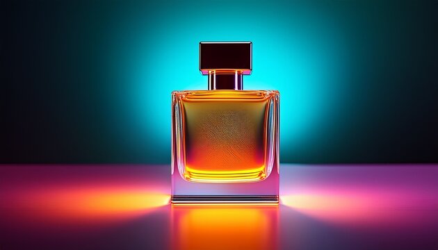 square perfume bottle against a vibrant neon background