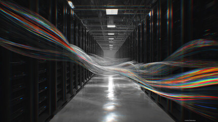 Abstract visualization of levitating data streams weaving through an oblique aisle of fabric-like elements in a futuristic storage environment