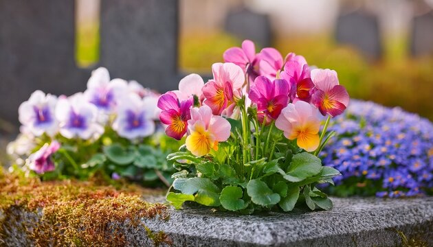 viola bellis perennis pink daisies and multicolored violets as spring planting on a grave
