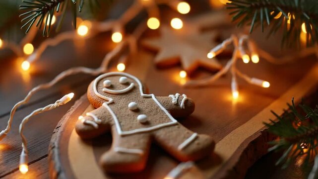 Christmas gingerbread men lie on a wooden board. Christmas gingerbread wrapped around lights. Close-up