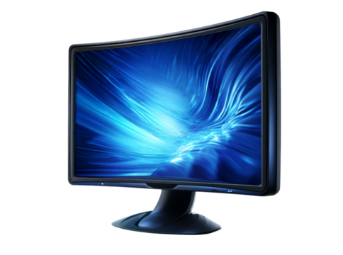 Modern curved computer monitor displaying abstract blue design, Isolated On Transparent Background