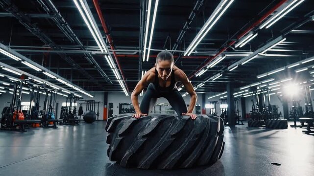 Physically Fit and Athletic Female Performs Strength Training Exercise by Lifting Large Heavy Tire During CrossFit Workout Session