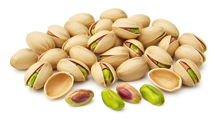 Pistachio nuts on white background.