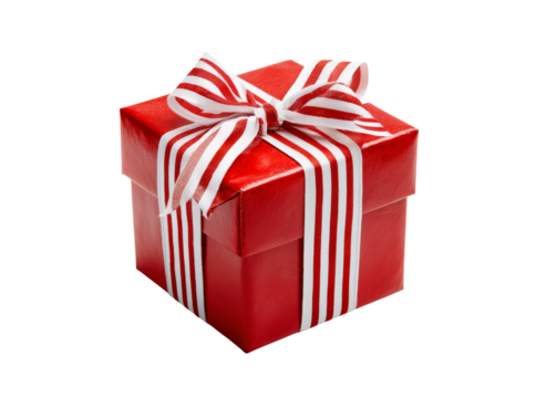 Red gift box with white striped ribbon holiday present, Isolated On Transparent Background
