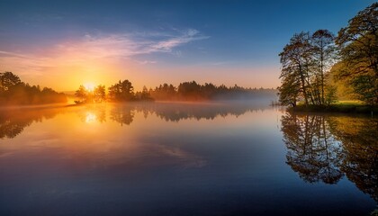 Fototapeta premium a peaceful sunrise over a calm lake with mist and trees reflecting on the colorful water