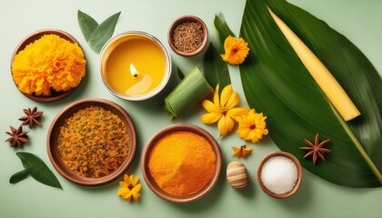 flat lay of ingredients for making bai sri banana leaves marigold candle incense flower buds