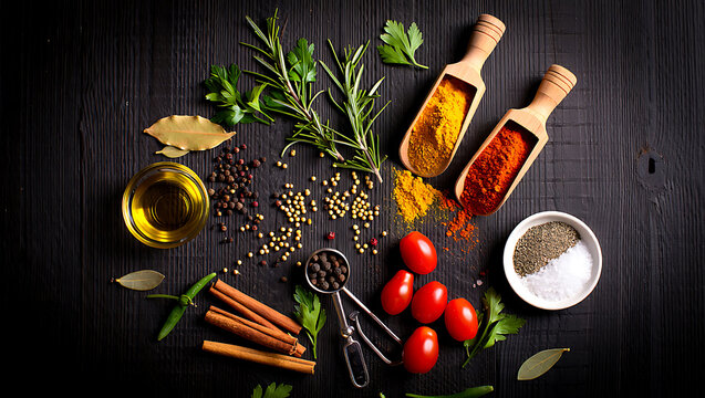 Assortment of spices and herbs on dark background