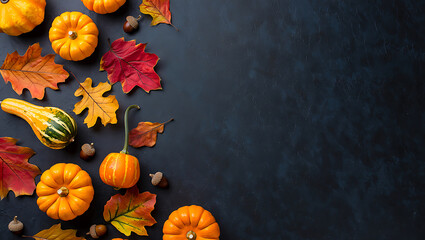 Autumn harvest background with pumpkins and leaves