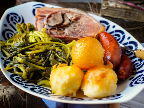 Lac&oacute;n con grelos servido con chorizo y patatas, plato emblem&aacute;tico de la gastronom&iacute;a gallega que combina sabores intensos y tradici&oacute;n culinaria en una presentaci&oacute;n casera y  ideal para el entroido.