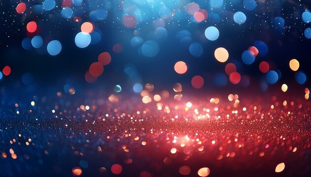 abstract festive blurred background with beautiful glowing particles and round bokeh dark evening blue and red background for christmas or party