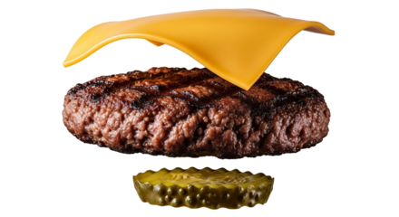 Juicy grilled beef patty, melted cheese, and crisp pickle slice floating, deconstructed for a classic cheeseburger concept, isolated on white & transparent background. Perfect for restaurant menus,