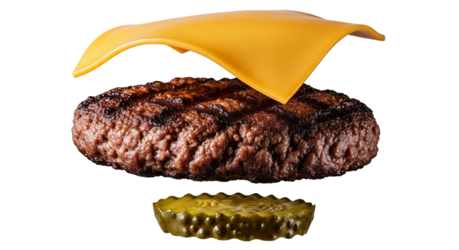 Juicy grilled beef patty, melted cheese, and crisp pickle slice floating, deconstructed for a classic cheeseburger concept, isolated on white & transparent background. Perfect for restaurant menus,
