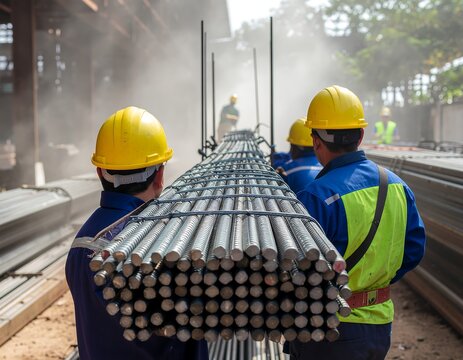 Construction Workers Carrying Steel Rebar at a Construction Site with Safety Gear