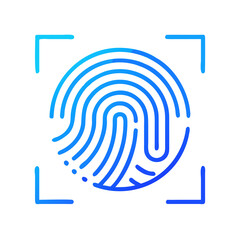 Vector icon of a biometric fingerprint with scanning lines, futuristic neon blue style, security concept, isolated.