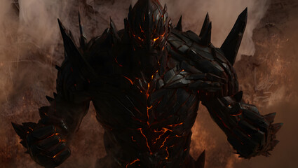 Fearsome Lava Monster with Glowing Orange Eyes and Molten Cracks in Dark Armor