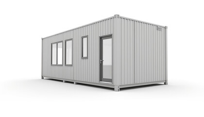 Modern gray shipping container home with windows and door  