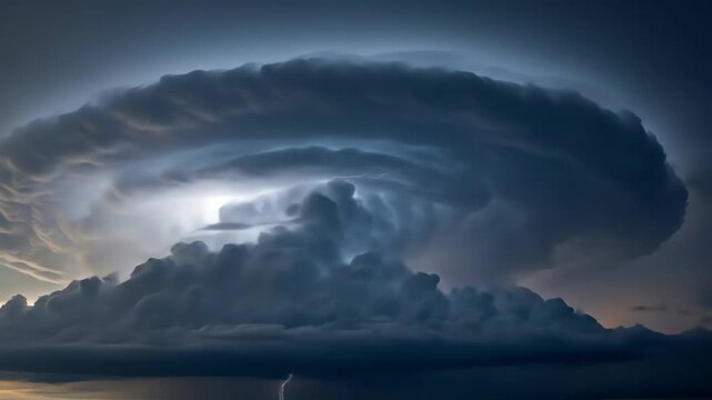 Supercell Thunderstorm with Dramatic Lighting and Dark Clouds.