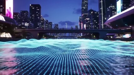 Futuristic cityscape reflected in a digital water surface at night, showcasing a network of glowing lines. - Powered by Adobe